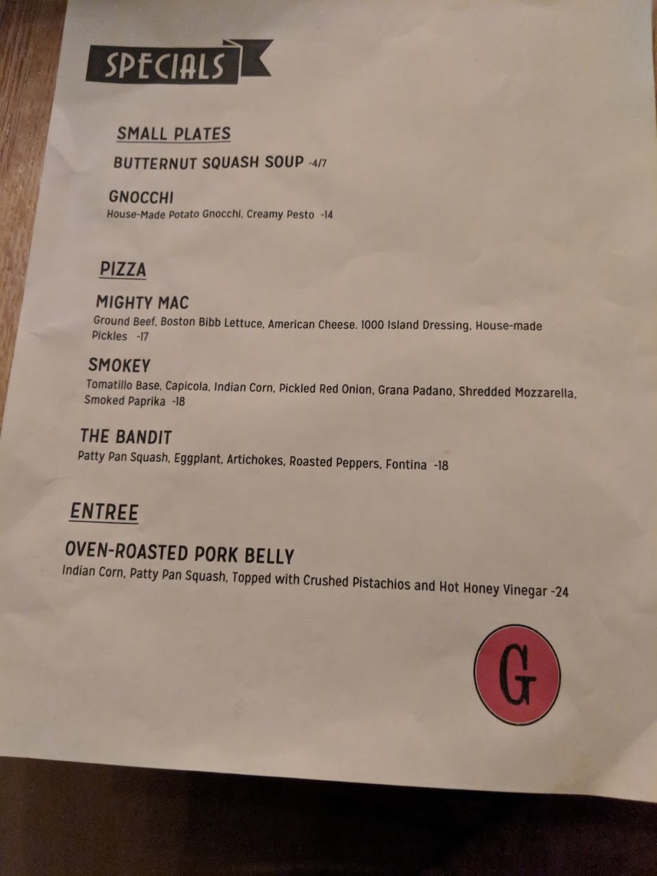 Menu layout for pizza, pasta, and panini