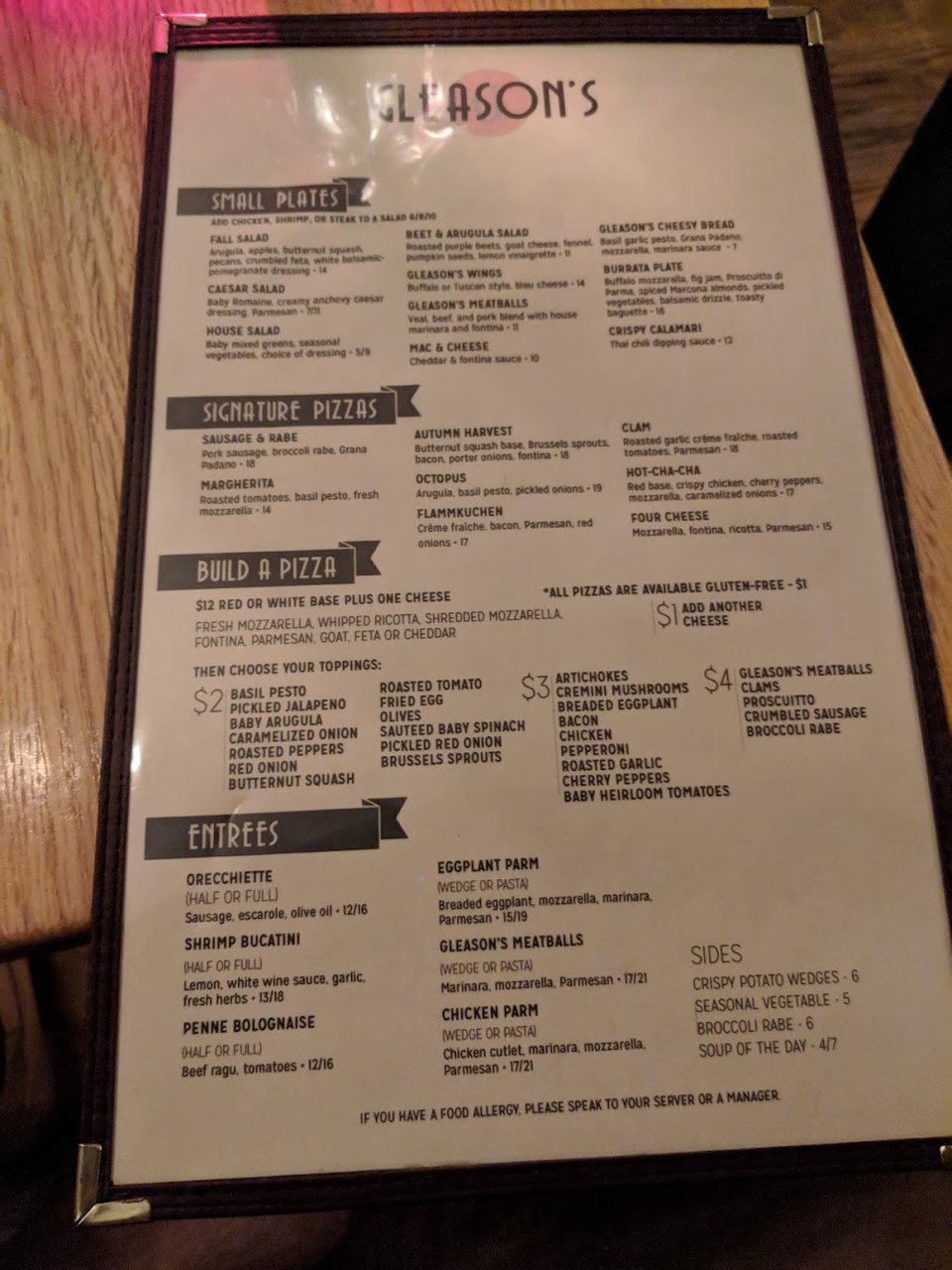 Food menu page with casual restaurant offerings